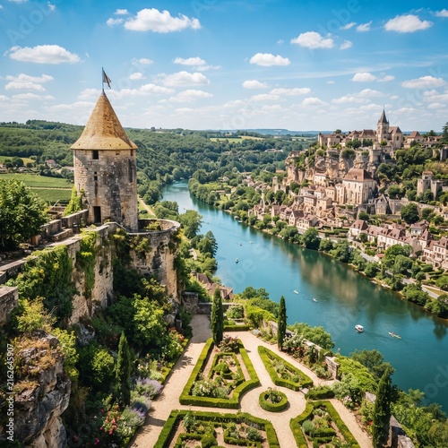 Medieval stone castle on a rocky cliff overlooking a wide river and hilltop village. Ancient tower with a conical roof, formal manicured gardens, and lush green countryside landscape. Summer