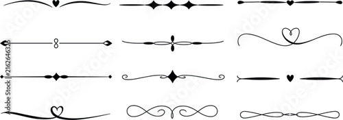 Romantic heart calligraphic text dividers line set, elegant wedding diamond flourish page accent vector illustration