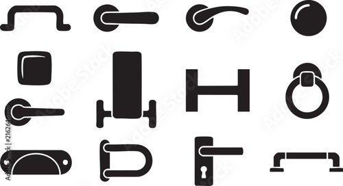 Collection of black hardware door handles and knobs on white