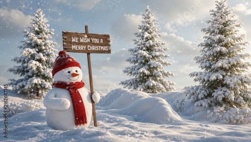 Title: Cute Snowman Holding Merry Christmas Wooden Sign in a Snowy Winter Landscape – 3D Illustration