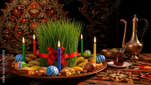 Traditional Nowruz Celebration with Sabzeh, Colorful Eggs, Candles, Persian Sweets and Tea