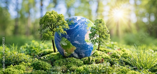 Lush green trees encircle a globe symbolizing forest conservation and environmental awareness in natural sunlight.