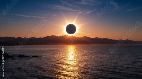 Solar Eclipse At Sunset Over Ocean. Distant Mountains Silhouette On Horizon. Golden Reflection On Water Surface. Blue Sky With Thin Clouds.