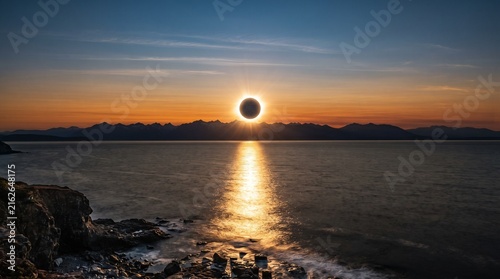 Total solar eclipse over ocean horizon with reflection on water. Celestial event with coronal ring during sunset. Rocky coastline with distant mountains and blue sky clouds background.