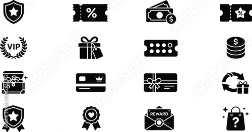 Reward and Loyalty Program Icon Set with Shopping Incentive SymbolsReward and Loyalty Program Icon Set with Shopping Incentive Symbols
