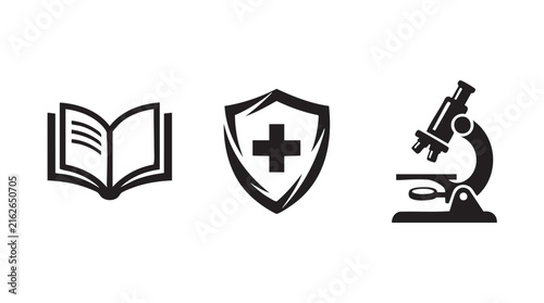 black silhouette vector icon set featuring a book, shield featuring microscope, white