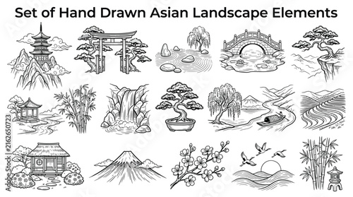 Set of hand drawn asian landscape elements, traditional japanese and chinese nature and architecture symbols