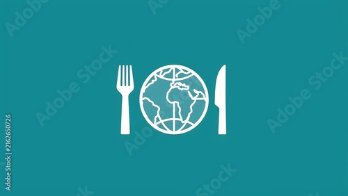 Fork and knife with globe icon on green background