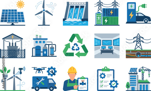 Isometric renewable energy and power infrastructure vector icon collectionIsometric renewable energy and power infrastructure vector icon collection