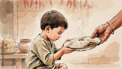 Young boy receiving food from an adult hand
