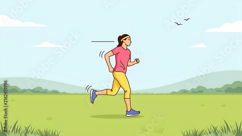Woman jogging in a green open field under clear sky
