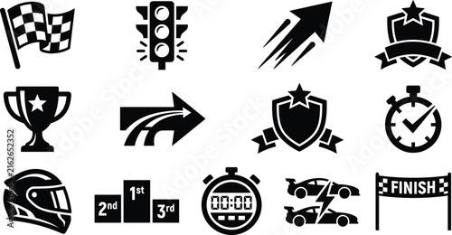 Racing icons set with checkered flag, trophy, helmet, stopwatch, and podium symbolsRacing icons set with checkered flag, trophy, helmet, stopwatch, and podium symbols