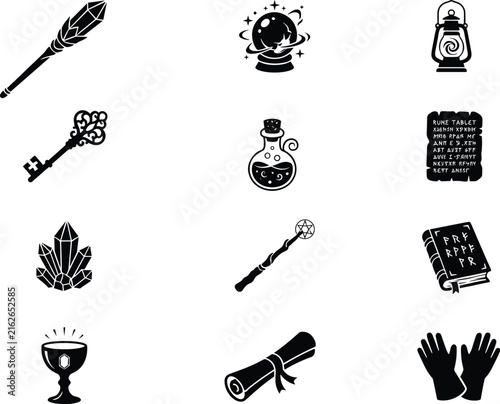 Set of mystical silhouette icons with magical objects, crystals, and fantasy toolsSet of mystical silhouette icons with magical objects, crystals, and fantasy tools