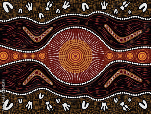 Aboriginal-Inspired Circular Sun Symbol with Flowing Dot Patterns and Traditional Horizontal Dreamtime Motifs