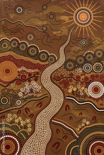 Aboriginal-Inspired Desert Landscape with Winding River, Sacred Circles and Traditional Dot Painting Patterns