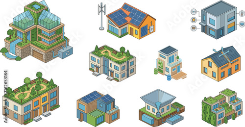 Eco‑friendly building illustration set with smart designEco‑friendly building illustration set with smart design
