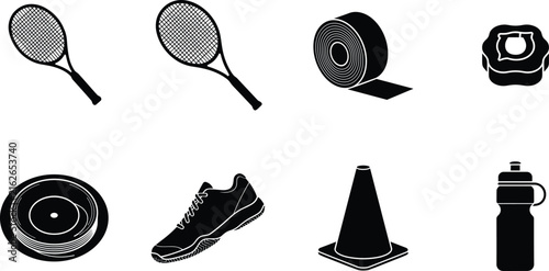Sports Equipment Silhouette Set with Tennis Rackets, Shoes, and Training GearSports Equipment Silhouette Set with Tennis Rackets, Shoes, and Training Gear