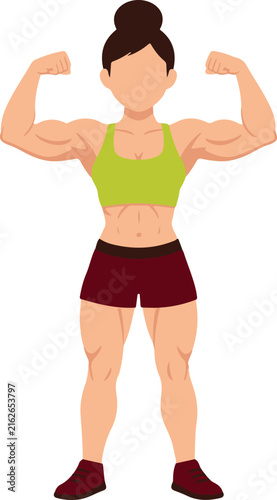 Muscular Female Bodybuilder Flexing Both Biceps in Double Bicep Pose, Flat Color Vector Illustration
