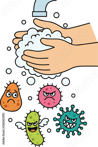 Hands Washing With Soap Bubbles Removing Cartoon Germs, Educational Hygiene Vector Illustration
