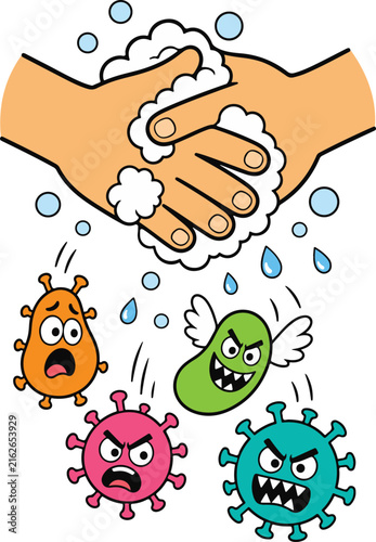Hands Washing With Soap Bubbles Removing Cartoon Germs, Educational Hygiene Vector Illustration
