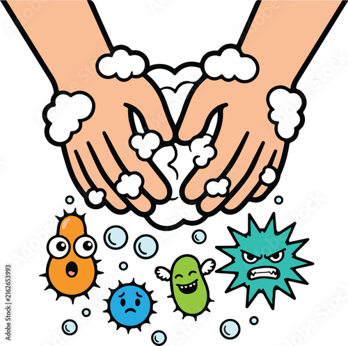 Cupped Hands Lathering Soap Bubbles Washing Away Cartoon Germs, Educational Hygiene Vector Illustration
