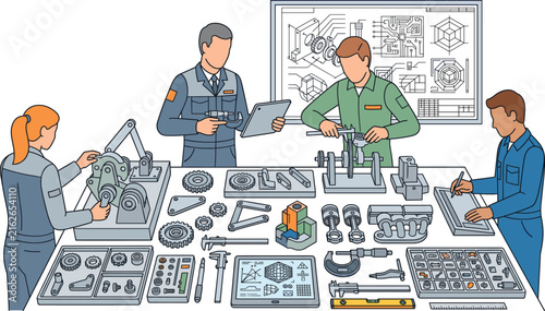 Mechanical engineering teamwork with technical drawings, tools, and collaborative design processMechanical engineering teamwork with technical drawings, tools, and collaborative design process