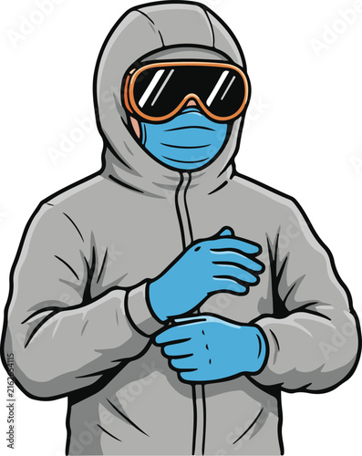Person Adjusting Blue Gloves In Gray Hazmat Suit With Goggles And Mask, Professional Safety Vector Illustration
