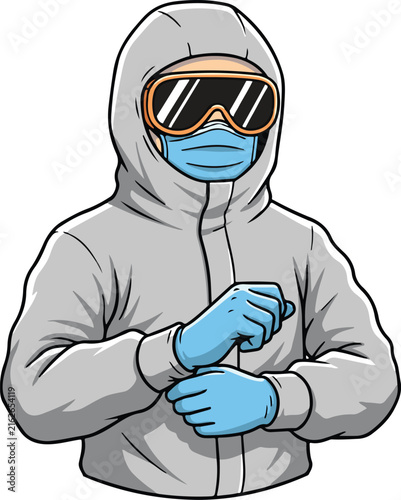 Person Pulling On Blue Gloves In Gray Hazmat Suit With Goggles And Mask, Safety Preparation Vector Illustration
