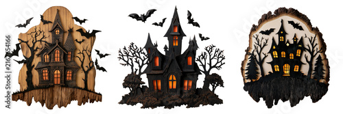 Set of A whimsical haunted house with dramatic pointed towers, crooked chimney, glowing windows, curling fog and dry branches on transparent png background. Ai generated
