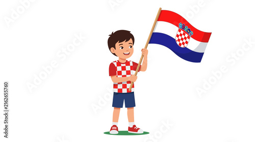 Little Croatian boy in checkered shirt holding the national flag of Croatia

