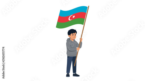Little Azerbaijani boy holding the national flag of Azerbaijan
