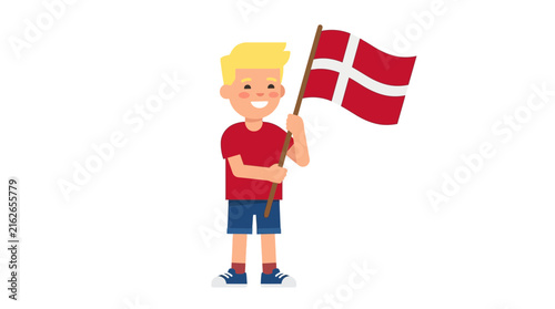 Little Danish boy holding the national flag of Denmark Dannebrog
