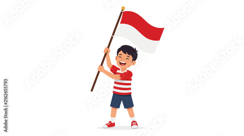 Little Indonesian boy holding the national flag of Indonesia Sang Saka Merah Putih
