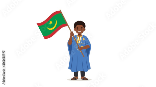 Mauritanian boy in traditional boubou holding the national flag of Mauritania
