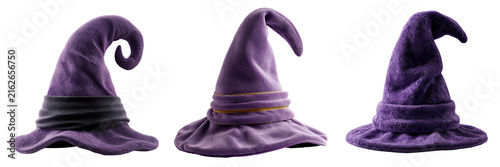Set of Purple felt witch hat with an exaggerated pointed tip and gently curled brim, playful Halloween accessory design on transparent png background. Ai generated