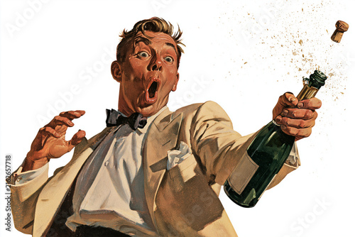 Excited man in tuxedo popping champagne bottle with surprise expression  