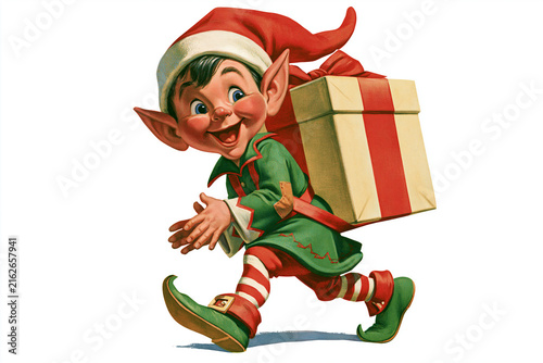 Cheerful elf carrying a gift while walking with excitement  