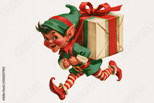 Cheerful elf carrying a gift box in festive holiday attire  