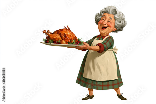 Happy elderly woman serving a roasted turkey on a platter  