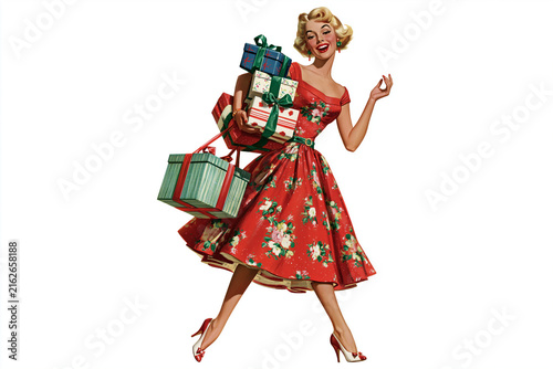 Vintage woman carrying gifts in a festive red dress with flowers  