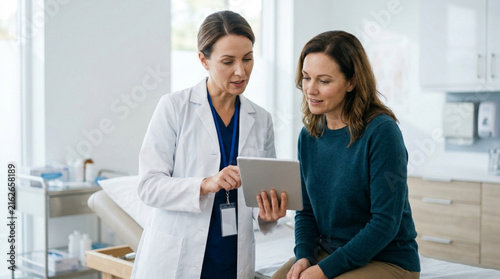 Doctor showing patient results on tablet in clinic examination room