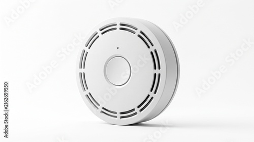 Modern white smoke detector on plain background. Circular fire alarm sensor for home safety. Minimalist carbon monoxide detector for residential security.