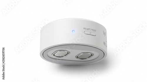Modern smart smoke detector with reset button, white wireless carbon monoxide alarm, home safety sensor on white background