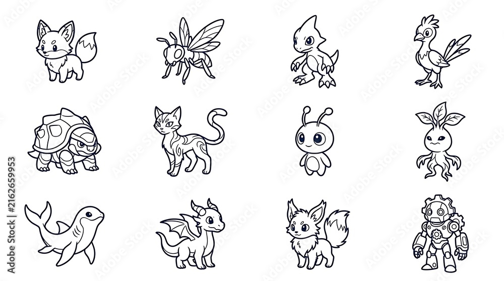 Naklejka premium Fantasy Creatures and Monsters Line Art Collection for Coloring