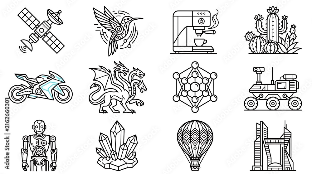 Naklejka premium Minimalist Line Art Icon Set for Tech and Nature