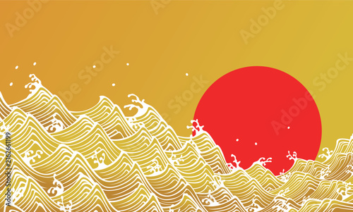 日本の伝統的な背景の金色の荒波紋様。初日の出と海の波のベクター年賀素材。