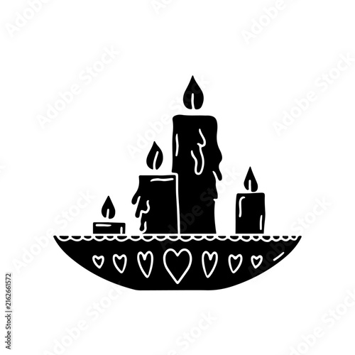 Hand drawn black silhouette group of candles inside holder icon isolated on white background. Home decor clipart vector