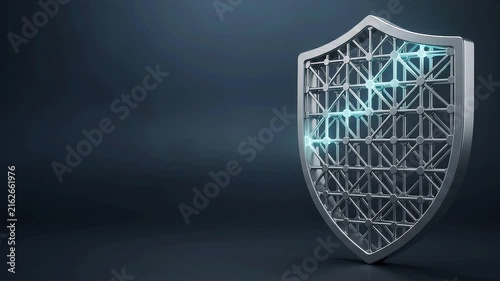 3D Metallic Cyber Shield with Glowing Network Pulse, Dark Space