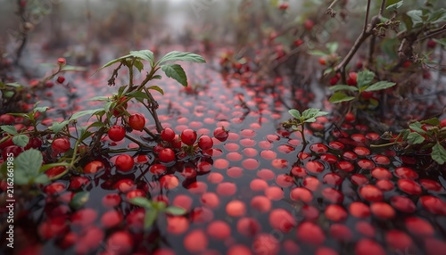 A cluster of fresh red cranberries surrounded by green vines and floating in shallow reflective water in a cranberry bog. Atmospheric agricultural landscape representing seasonal berry cultivation and
