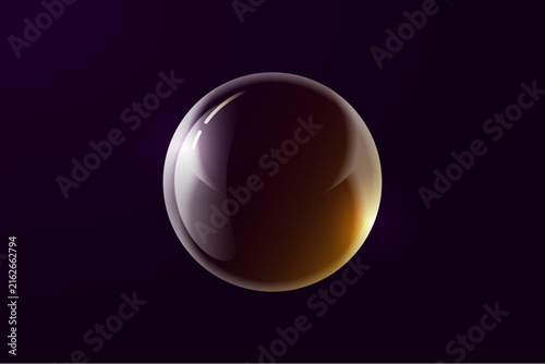 Amber brown glass sphere with warm highlights on a dark purple background, bubbles, and soap bubbles for an elegant abstract design.